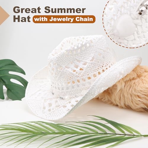 Image of DRESHOW Straw Cowboy Cowgirl Hat for Women Men Western Coastal Cowboy Beach Hat with Shapeable Brim Unisex Rolled up Caps