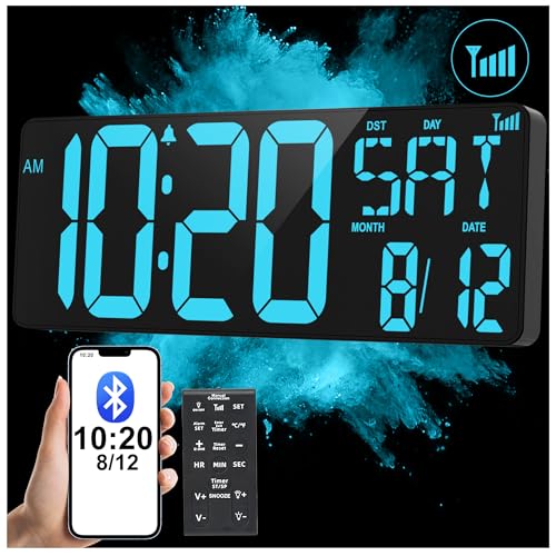 XREXS 17.2' Large Digital Wall Clock Bluetooth Sync Time, Precise Atomic Clocks with Remote Control, Adjustable Dimmer Grandfather Clock, Temperature Clock for Bedroom, Desk Alarm Clock for Teens