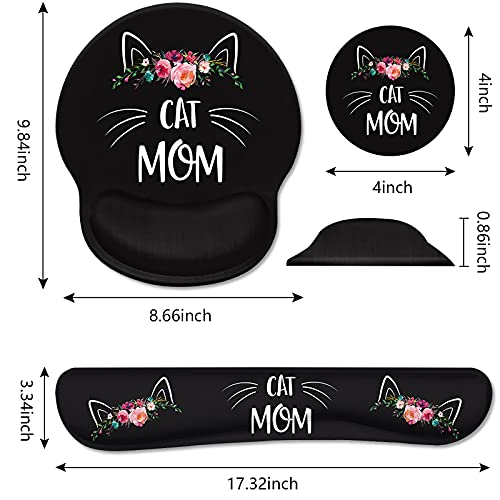 Keyboard Wrist Rest And Mouse Pad Wrist Support Set With Coasters, Non-Slip Pu Base Ergonomic Gaming Mousepad For Home Office Working Studying Easy Typing & Pain Relief, Cat Mom Floral #TOP2