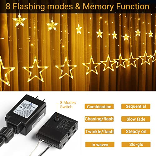Quntis 12 Stars Ramadan Curtain Lights - 138 Leds Window Curtain Lights 8 Mode Outdoor Indoor Plug In Fairy Curtain String Lights Waterfall Backdrop For Bedroom Wedding Party Wall Decor, Warm White #TOP5