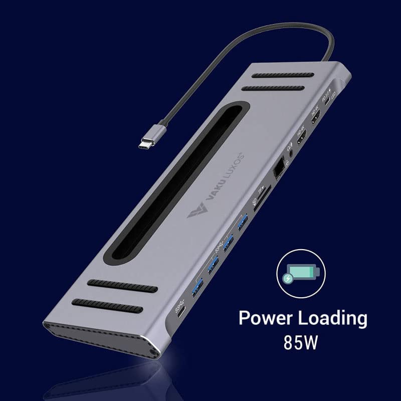 Image of Vaku Luxos USB Hub Type C Flare 12in1 multiport USB 3.0 High-Speed Adapter connector (5GBPS) data transfer Converter Extension, SD, TF, HDMI, PD, LAN with 60W PD Charging, docking station USB A Port Compatible with Macbook Air Pro (M1, M2 etc), iPad Pro Air, Laptop, and Other Type C Mobile & Devices