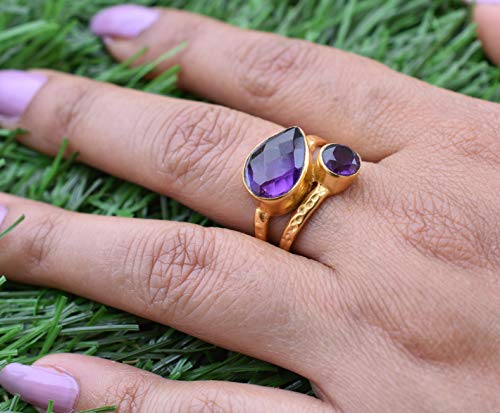 Veracity Jewelry Gold Plated Purple Amethyst Ring * Birthday Gifts Rings For Women/Girls - Blue Purple Gemstone Rings * Handmade Hammered Rings * February Birthstone Rings * Amethyst Jewelry-Vr-005 #TOP7