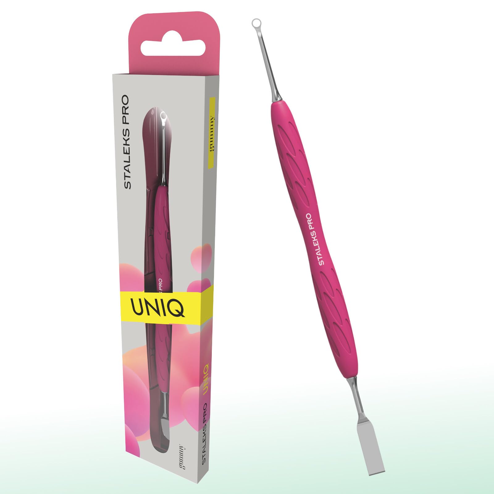 STALEKS Pro UNIQ Cuticle Pusher Double Manicure Instrument with Silicone Grip GUMMY (Ring and Flat Straight Slider) PQ-11/1