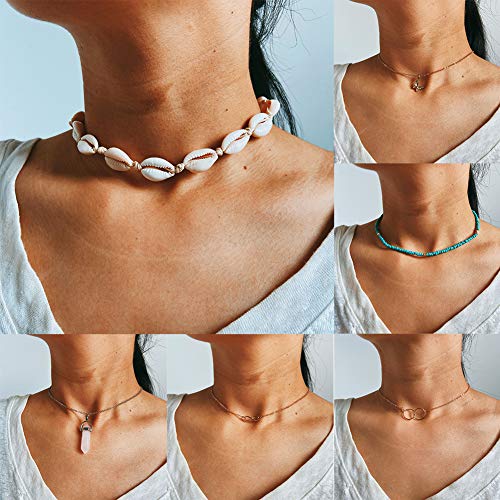 13 Pcs Fashion Teen Layered Necklaces Jewelry For Girls Women Gold & Silver Sexy Adjustable Beaded Choker Chain Y Bar Crossing Coin Pendant Set For Christmas/Birthday/Party Gifts #TOP3