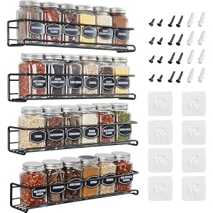 Priksia Spice Rack 4 Pack Spice Rack Wall Mounted Organizer with Adhesive Stickers & Screws for kitchen condiments