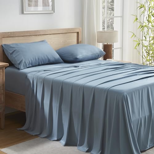 Image of Andency Grayish Blue Queen Sheets Set 100% Viscose Derived from Bamboo | Cooling Summer Sheets, Deep Pocket Up to 16 inch, Silky Soft Hotel Luxury Breathable Bedding Sheets & Pillowcases