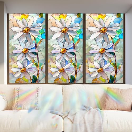 Image of Nuxovilar Gothic Rainbow White Flower Pattern Window Film 17.5x39.3 PVC | White Flowers, Gothic Cling rainbow floral decal, glass door wrap for living room bedroom balcony (White Floral)