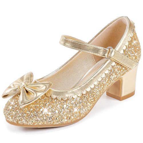 LAURMOSA Chaussure Princesse Fille Chaussures Talon Enfant Fille Mary Jane Chaussures Princesse 28 Doré Paillettes Nœud Mariage Anniversaire Fête Festivité...