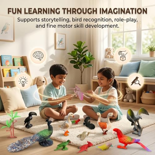 Image of ZESTHOME Birds Toy Set for Kids | Big & Small PVC Rubber Birds | Peacock Parrot Duck Goose Eagle Pigeon Owl Crow Sparrow | Educational Animal Figures | 14-Piece