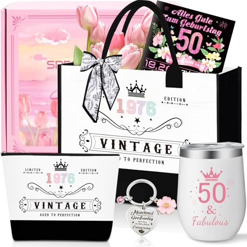 50.Geburtstag Geschenk Frau Vintage 1976 Canvas Einkaufstasche Tragetasche Kosmetiktasche 7 Set mit Becher Strohhalm Grußkarte 50. Geburtstagsgeschenk für Mama Freundin Kollegin oder Schwester