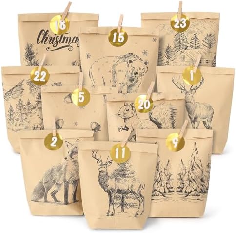 2026 Adventskalender zum Befüllen, 24 Adventskalender Tüten zum Basteln für Kinder und Erwachsene, Weihnachtskalender Selber Befüllen mit Zahlenaufkleber und Holzklemme, Motiv Cozy