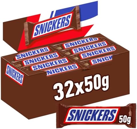 Snickers Schokoriegel, Schokolade, Karamell & Erdnüsse, 32 x 50 g | Schokoriegel mit Erdnüssen, Karamell und Milchschokolade, als Multipack perfekt für Büro, Sport und unterwegs