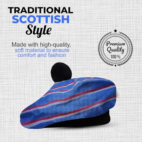 Image of Scottish Tam O' Shanter Hat Tartan Bonnet Pom Pom Wool Flat Cap One Size