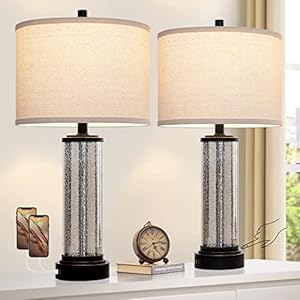 RORIANO Modern Mercury Glass Table Lamp, Black Metal Base with Linen Beige Fabric Shade, Dual USB Ports, Dimmable Touch Control Switch, Energy-Saving LED Bulbs Included, 2-Pack
