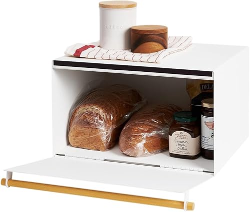 YAMAZAKI Home Modern Panera – Recipiente de almacenamiento de pan de acero + madera, panera grande blanca para encimera de cocina, panera que ahorra