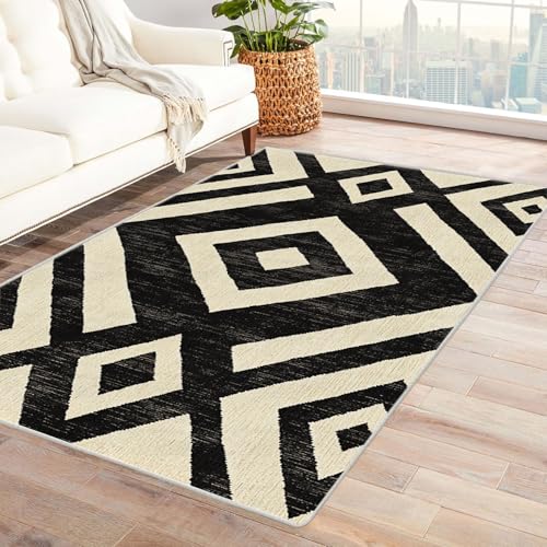 Genérico Alfombras Antideslizantes Patrón de celosía de Diamante Neutras,Suaves,Finas y Grandes,para Dormitorio,Sala de Estar,baño,Debajo del Comedor,decoración del hogar（Blanco y Negro 27-210x270cm