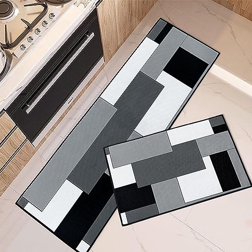 Tayney Black Grey Geometric Kitchen Rugs and Mats Non Skid Washable Set of 2, Checked Black Grey Mats for Floor, Rustic Minimalist Runner Rug Modern Abstract Kitchen Decor