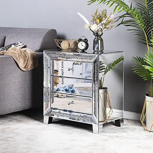 VINGLI Mirrored Nightstand Glass End Table, 23" W Silver Night St...