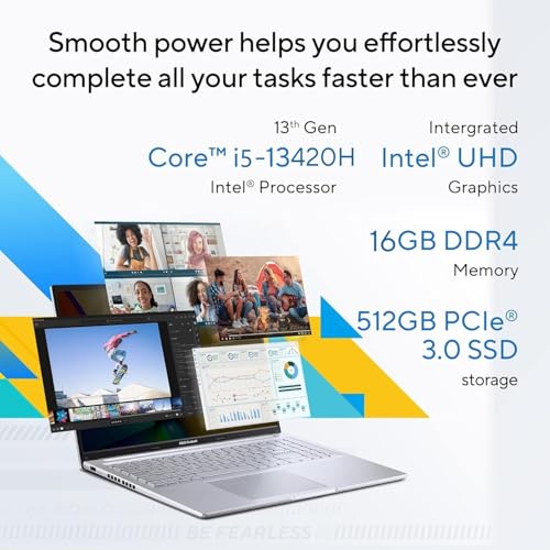 Image of ASUS Vivobook 16, 13th Gen, Intel Core i5-13420H,16GB RAM,512GB SSD,FHD (1920 x 1200) OLED,Win 11,M365 Basic (1Year)*,Backlit Keyboard,Office 2024,Silver,1.88 kg,X1605VA-SH1952WS, Thin & Light Laptop