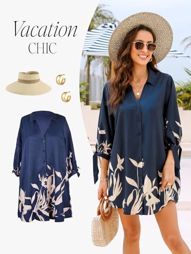 Image of CUPSHE Women Mini Summer Dress Cover Up Oversize Floral Shirt 3 /4 Sleeve Cuff Tie Button Down Beach Dresses Cover Up Top