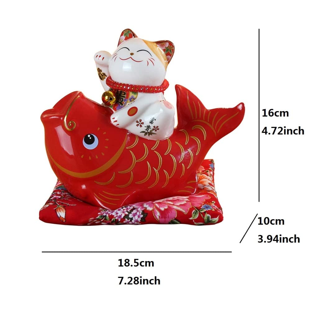Maneki Neko Glückskatze Glücksbringer Spardose aus Porzellan Katze und Fisch,Rot