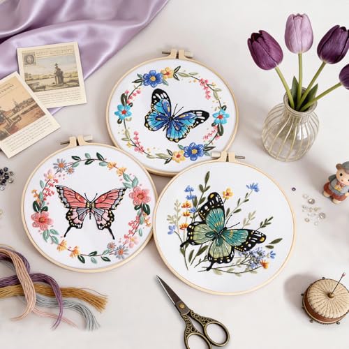 Image of Uniartfy Butterfly Flower Embroidery Kit for Beginners, Cross Stitch Kits