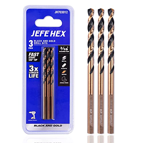 JEFE HEX 3/16 Inch Twist Drill Bit with 3-Flat Shank High Speed Steel 135 Degree Split Point Ideal for Steel/Aluminum/Zinc Alloy/Wood/Plastic General Purpose Use (3-Piece)