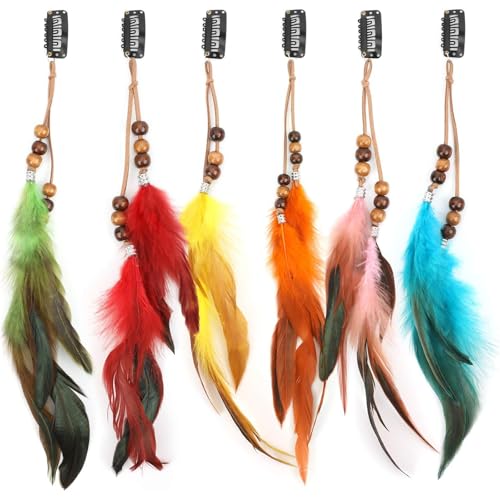 Oenothera 6 Stück Feder-Haarspangen, indisches Feder-Stirnband, Hippie-Boho-Kopfschmuck für Damen und Mädchen (mehrfarbig)