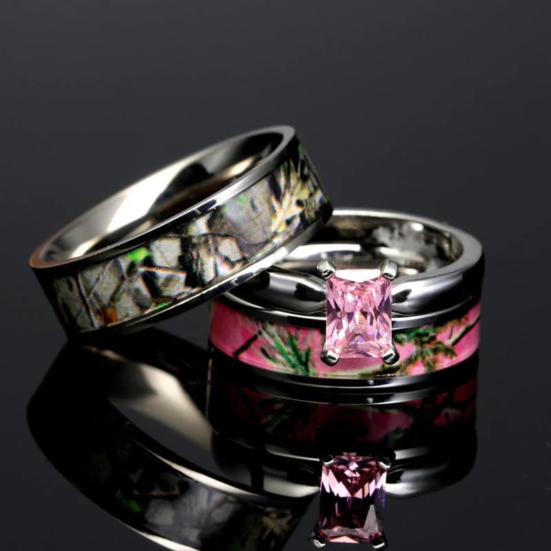 4pcs His Hers Camo Pink Radiant Stainless Steel Sterling Silver Wedding Ring Set4