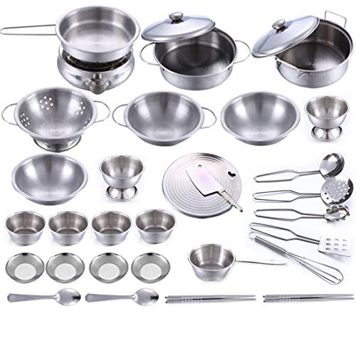 LZD Play Kitchen 32 Pieces Stainless Steel Kitchen Toys, Kids House Cooking Cookware Children Pretend Kitchen Playset Accessories Toys for Kids