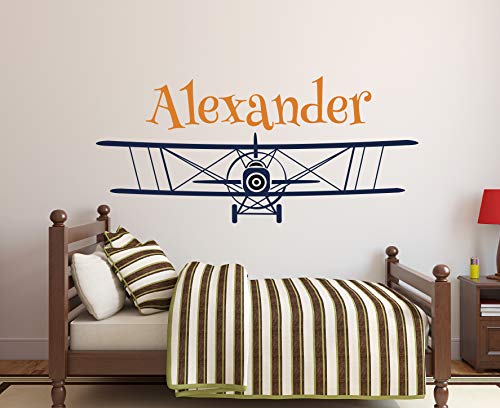 Personalized Airplane Name Wall Decal - Name Wall Decal - Nursery Wall Decal - Biplane Decal - Boys Airplane Decal - Kids Vinyl Wall Decal (40"W x 18"H)