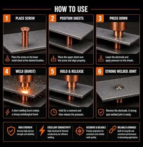 Image of By inchVP INDUSTRIES inch (Pcs-50) M6x16 mm Spot Weld Stud Screw with Pointed Mild Steel Copper Plating | Matric Thread Weld Stud