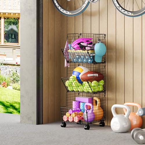 Outdoor Toy Storage Basket, Play Kitchen Organizer with 5 S-Hooks,3 Tier Rolling Storage Cart Garage, Pantry Floor Snack Cart with Wheels,Toy Shelf Dog Storage Organizer Kids Bookshelf - Image 6