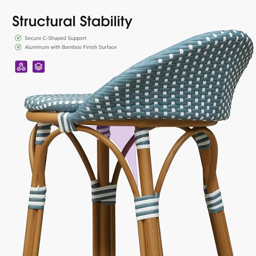Image of PURPLE LEAF Patio Oversized Backrest Bar Height Stool Set of 1 Outdoor Round Barstools Aluminum Frame in Bamboo Finish Woven Rattan for Indoor Kitchen Dining Bistros Cafe Restaurant Light Blue