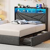 Driftalia Full Size Bed Frame with 4 Storage Drawers, Upholstered Full Bed Frame with LED Lights Headboard and Charging Station, No Box Spring Needed, Easy Assembly - Black Grey