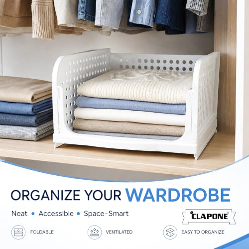 Image of CLAPONE Set of 3 Large Foldable Cloth Storage Organizer /Stackable Wardrobe Organizer for Clothes /Multipurpose Sliding Basket /Rack Organiser for Storage /Shirt Stacker Box (44 x 33 x 18.5 cm, White)