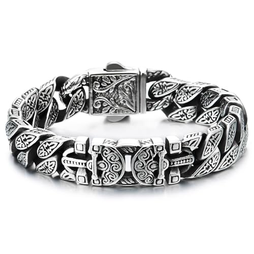 COOLSTEELANDBEYOND Mens Tribal Tattoo Pattern Link Chain Bracelet, Fancy Vintage