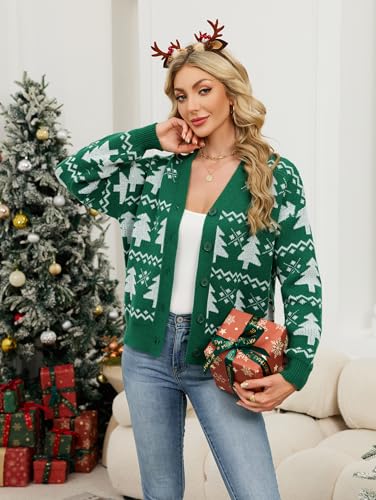 SunnyMelody Womens Christmas Funny Ugly Cardigan Sweater Winter 2025 Snowflake Santa Reindeer Tree Vacation Outfits Oversized Button Front Xmas Cardigans Green XL — view 2