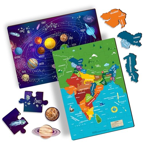 Image of Lefan India Map & Solar System Floor Puzzle Mat for Kids - Set of 2 Educational Wooden Jigsaw Puzzles - Geography & Space Learning Toys for Boys & Girls Age 3+