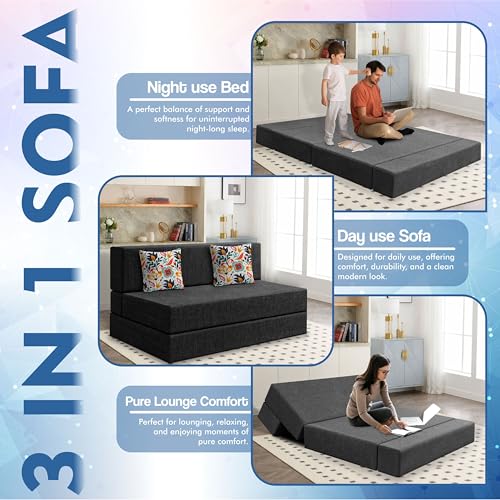 Image of Los Angeles Foldable Two Seater Sofa Cum Bed, Sofa Bed 4 X 6 Feet Jute Fabric Washable Cover- Including Cushion Perfect for Living Room - Black Color