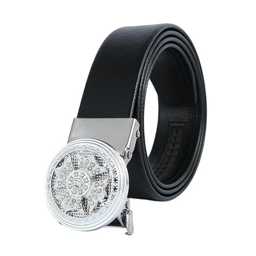 Luxury Automatic Buckle Belts for Men, with Crystal Flower Design,Lucky belt,Rotable belt head 32inch -38 inch waist (Y-Silver)