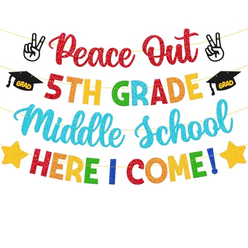 Peace Out 5th Grade Middle School Here I Come Banner 5th Grade Graduation Party Decorations Congrats Grad Class of 2026 Decor Hello Middle School Classroom Garland