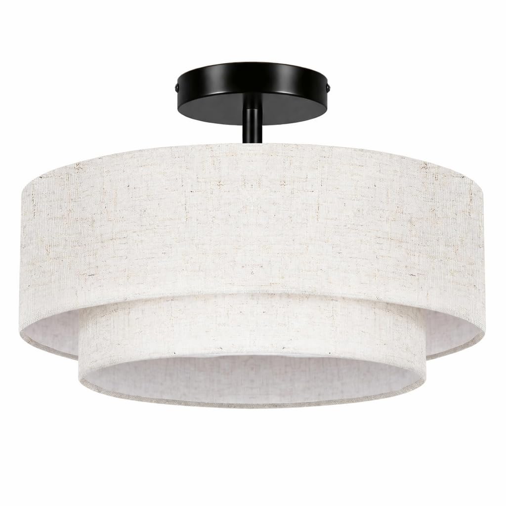 OUTON 40cm Double Drum 3-Light Semi Flush Mount Ceiling Lights, Modern Ceiling Light with 2-Layer Linen Shade, Chandeliers Ceiling Lights for Living Room, Bedroom, Kitchen, Dining Room, Hallway, Black