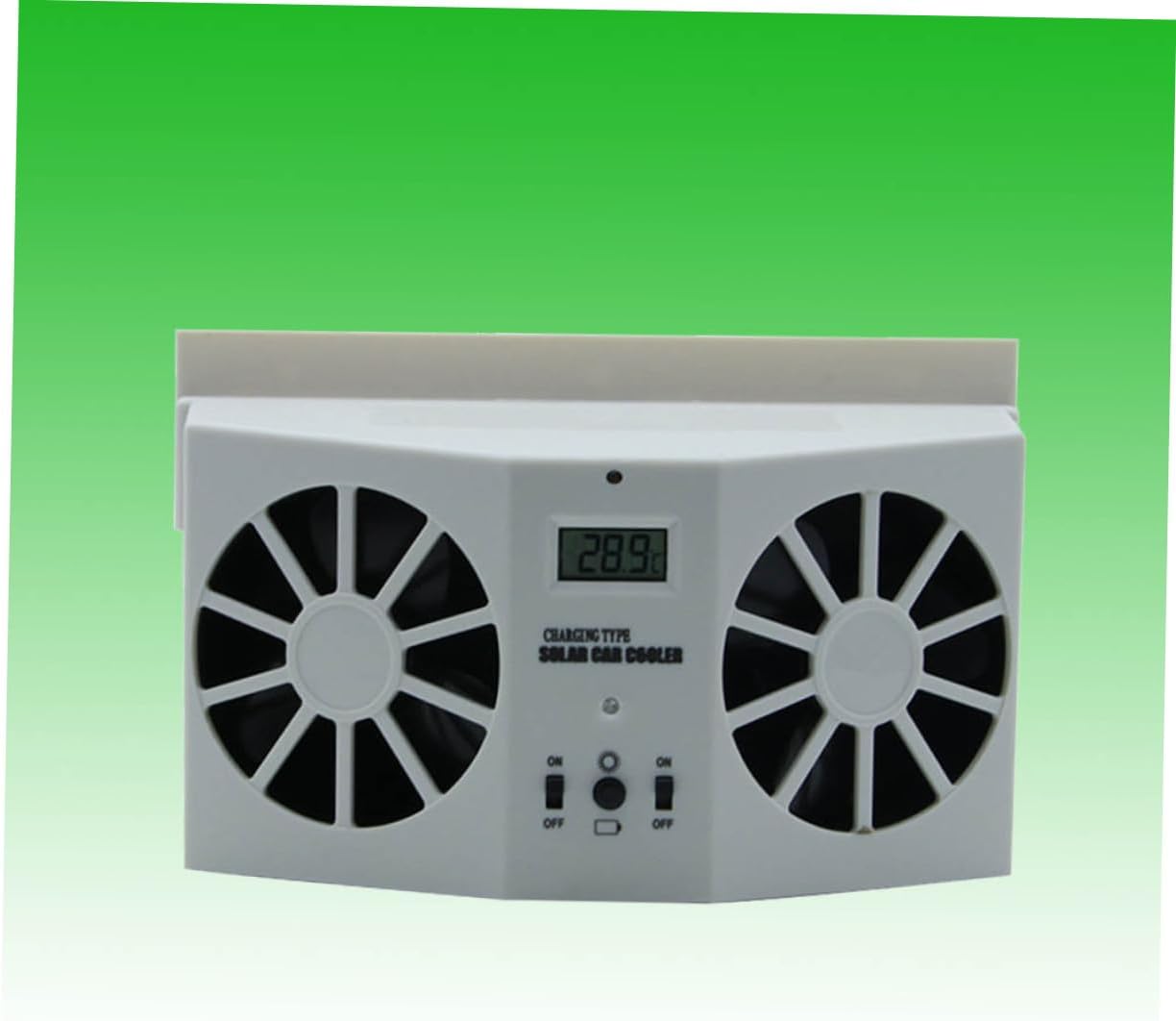 Solar Dual Ventilation Fan for Car with Rechargeable Battery and Solar Power Compact Double Duct Design for Front and Rear Window Exhaust LCD Temperature Display White