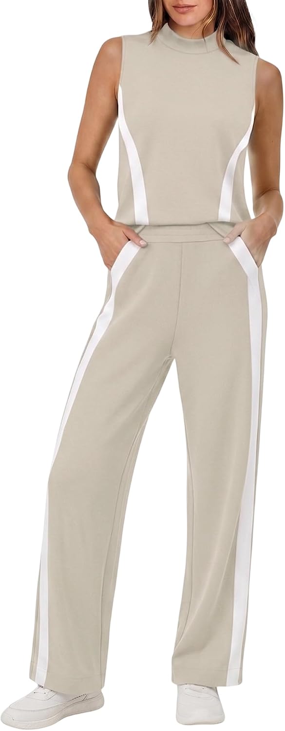 COCCKO Two Piece Sets for Women Summer Outfits Travel Mock Neck Lounge Sets Wide Leg Pants Casual Stripes Sweatsuit