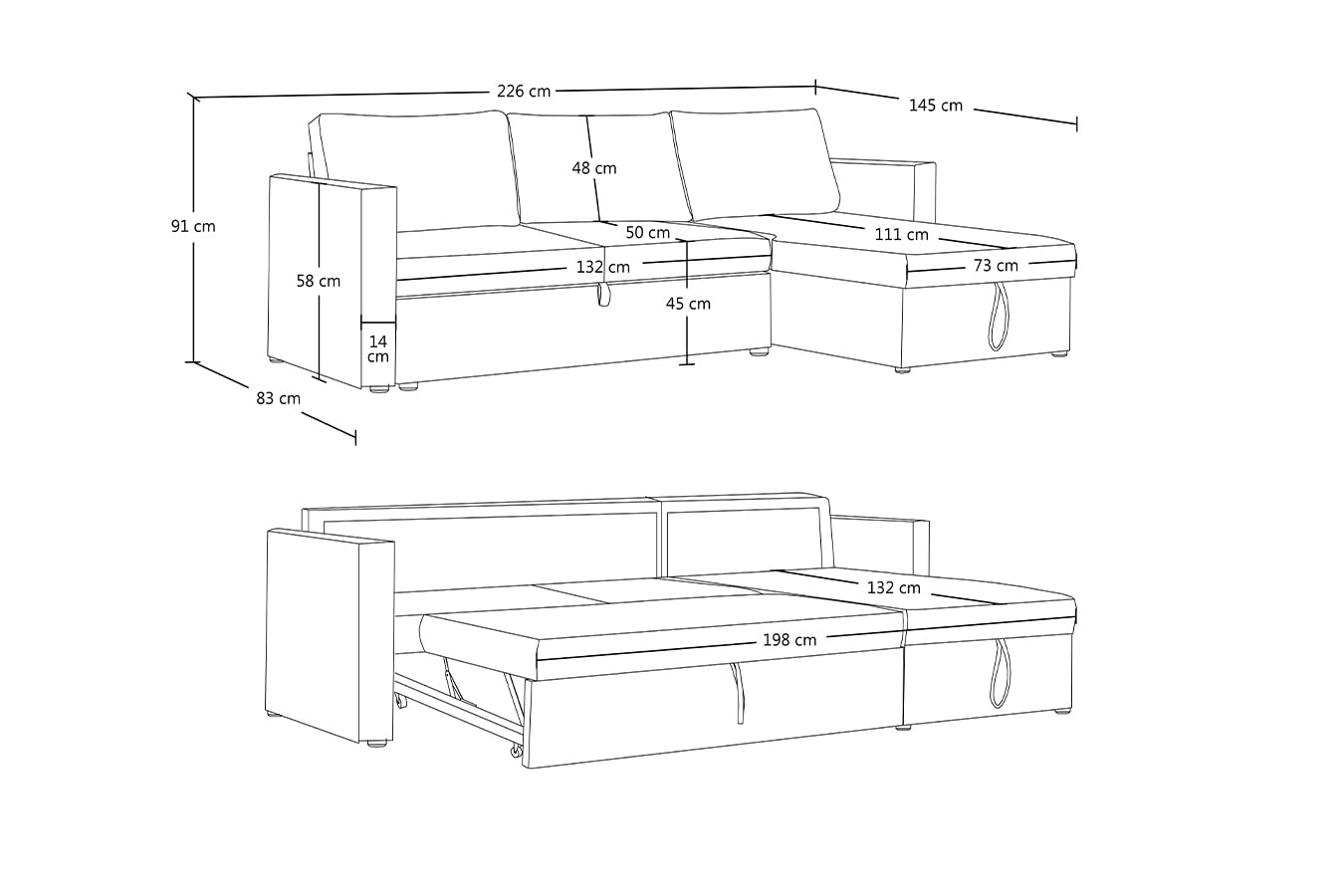 SAMIRA Divano letto angolare con contenitore, divano con chaise longue tortora mod. Kennedy