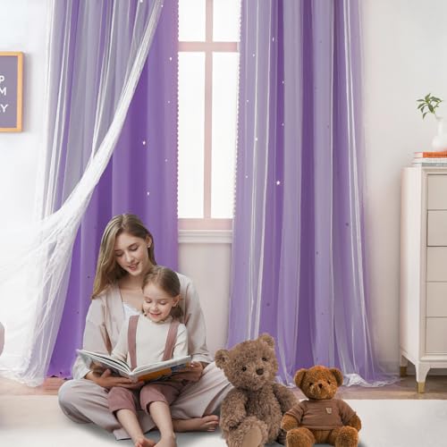 Image of Yancorp Purple Curtains for Bedroom Living Room Thermal Insulated Kids Curtain Hollow-Out Star Window Nursery Curtain 63 inches Length Room Darkening Grommet(Purple,52 * 63),1 Panel