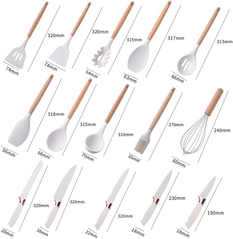 Set Coltelli da Cucina 19 Pezzi con Portautensili – 5 Coltelli in Acciaio + 13 Utensili da Cucina in Silicone – Set Cucina Completo Antiaderente e Resistente al Calore (Rosa)
