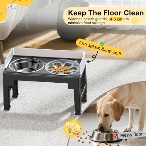 Euqvunn Hundenapf Erhöht, 6-stufig höhenverstellbar, 5° Neigung, Spritzschutz-Design, Futternapf Hund Erhöht mit Zwei 1000ml Edelstahl & Slow Feeder Hundenapf, für Kleine, Mittlere und Große Haustier