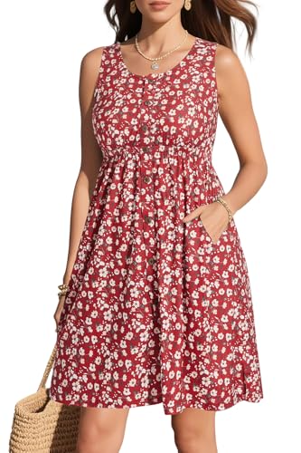 Image of Pinup Fashion Plus Size Summer Sun Casual Tank Pocket A-Line Short Dress | Knit, round neck, sleeveless tank top, empire waist, button details, swing short dress, suitable for summer, vacation, casual